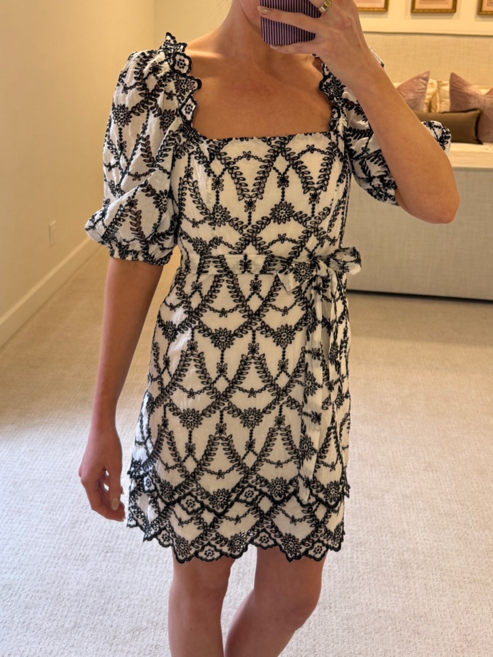 MINKPINK Harvey Mini Dress White and Black Embroidered Puff-Sleeve Dress